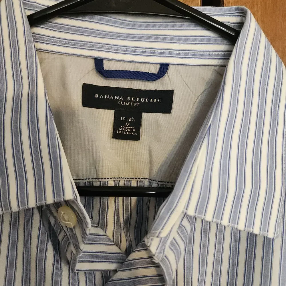 Banana‎ Republic Mens Slim Fit Blue White Stripe Button Down Dress Shirt M